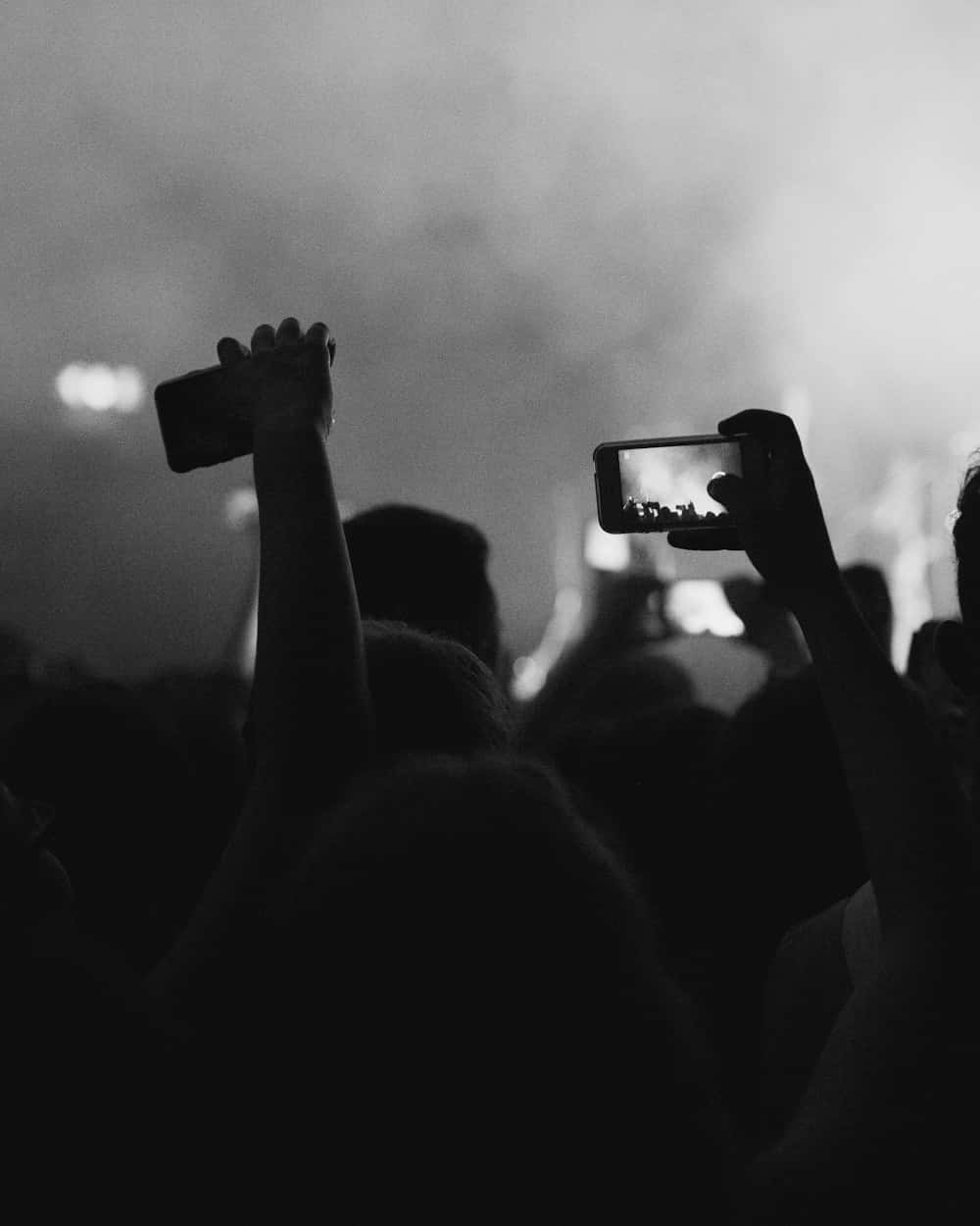A crowd at an event with phones raised, photographing something out of frame